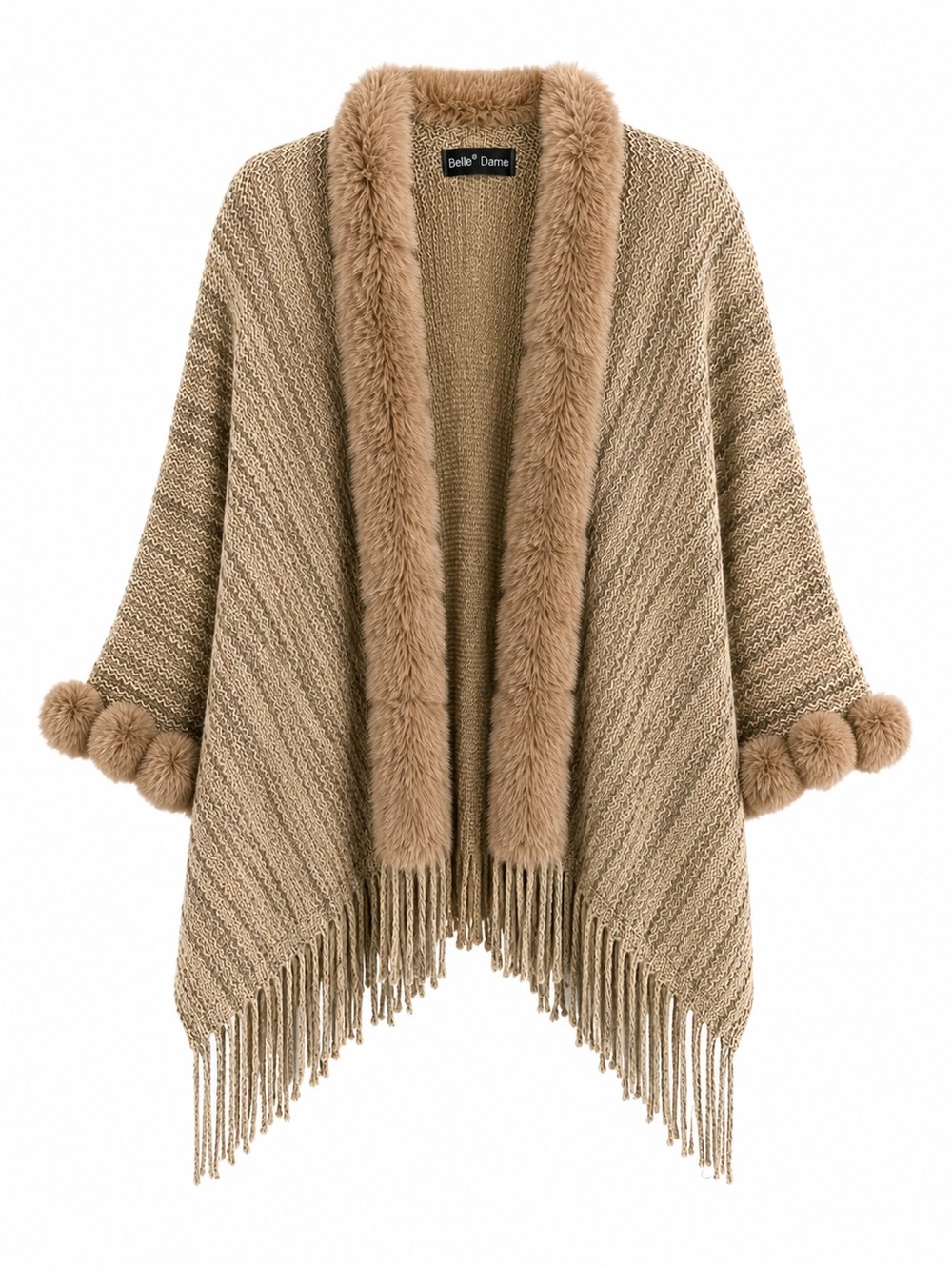 Belle Dame Vintage Knit Faux Fur Trimmed Poncho Cape One Size fits S to L